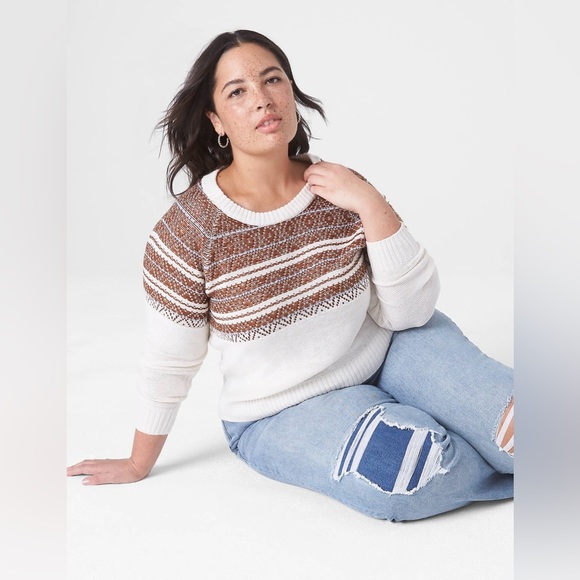 Lane Bryant Classic Fair Isle Jacquard Sweater Size 18/20 Ivory Tan Pullover NWT - Picture 1 of 7